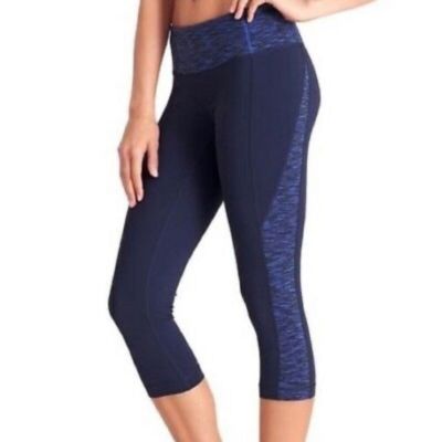 ATHLETA Blue/Black Space Dye Splits Revelation Capri Crop Leggings size Small